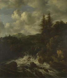 Eine Landschaft mit einem Wasserfall und einer Burg auf einem Hügel